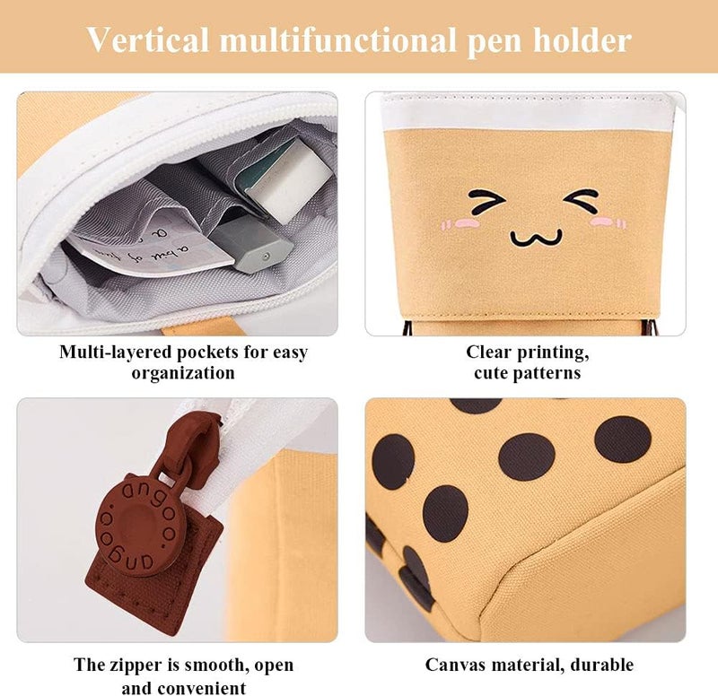 KPX Cute Standing Pencil Case Pen Holder for Kids, Pop Up Stand UP Bubble Tea Pen Organizer Kawaii Stationary for Christmas Holiday New Year Office (Brown) - Image 3